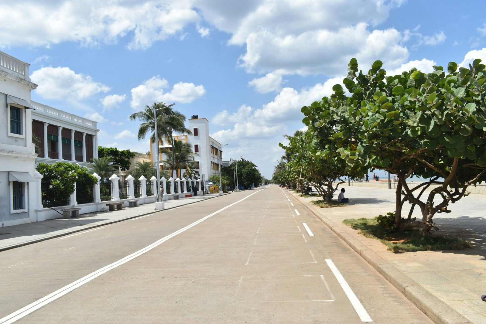 Goubert Avenue (Beach Road) lined with colonial buildings beside the French Quarter of Pondicherry