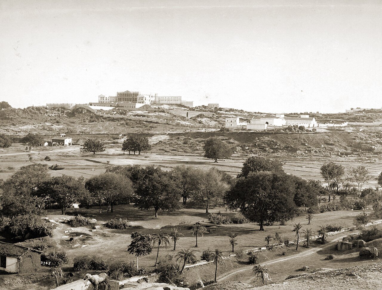 This photograph shows the Falaknuma Palace in Hyderabad, India, shortly after its construction began in 1884.