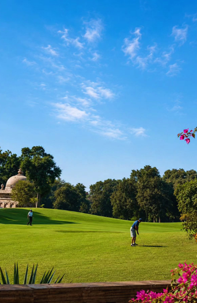 Golfer putting, heritage dome/cenotaph in background