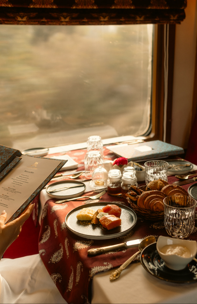 Breakfast served aboard the Deccan Odyssey on the Royal Greens & Rails luxury train journey