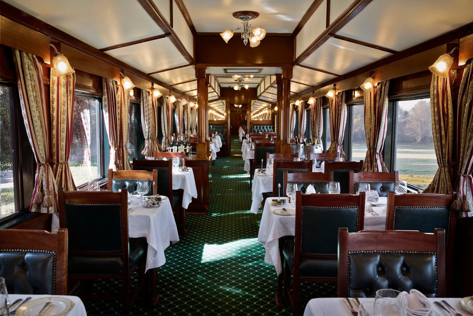Rovos Rail dining car set for a formal dinner