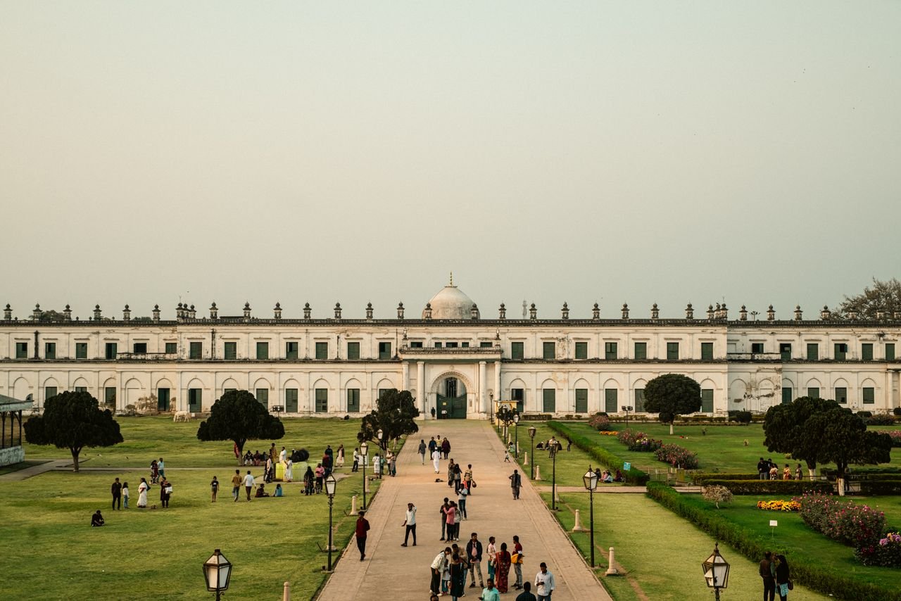 Hazarduari Palace in Murshidabad with its long white facade and central dome