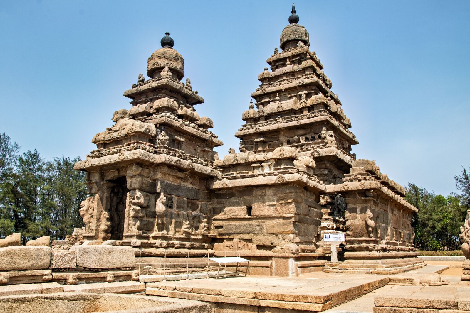 Granite towers of the Shore Temple at Mahabalipuram facing the Bay of Bengal
