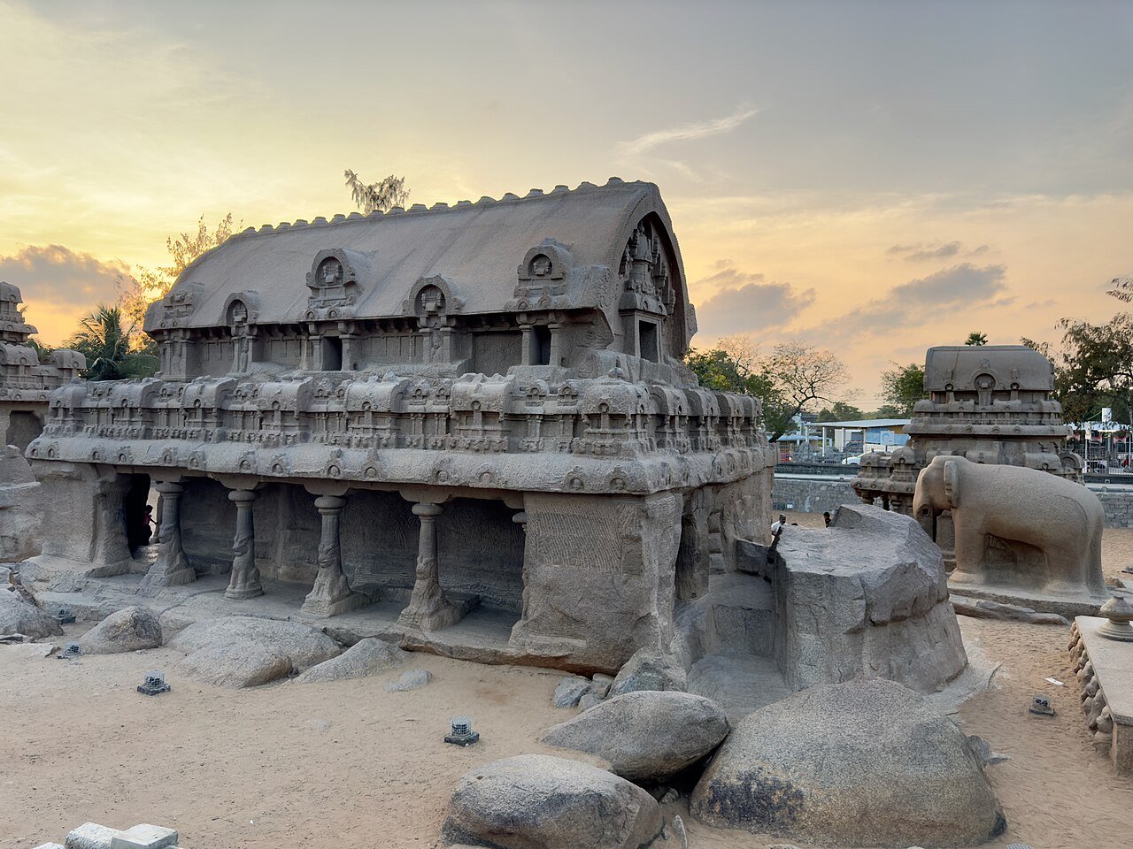 Barrel-vaulted Bhima Ratha and stone elephant at Mahabalipuram, a highlight of the best train travel in India