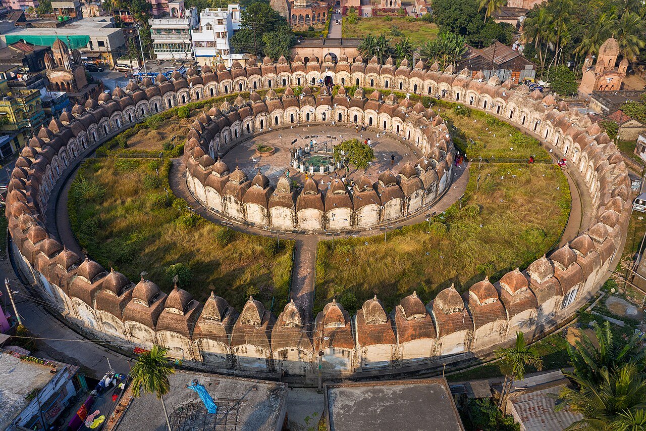 Aerial view of the 108 Shiva Temples at Kalna arranged in two concentric rings